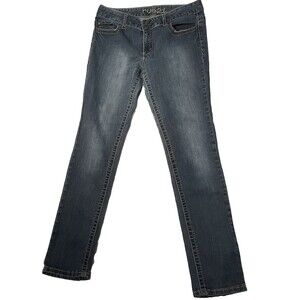 Rue 21 Jeans Women Size 9/10 Midrise Skinny Long Dark Wash Embroided Flap Pocket